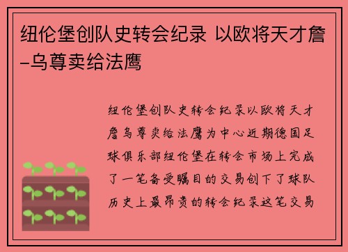 纽伦堡创队史转会纪录 以欧将天才詹-乌尊卖给法鹰