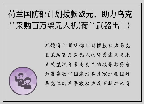 荷兰国防部计划拨款欧元，助力乌克兰采购百万架无人机(荷兰武器出口)