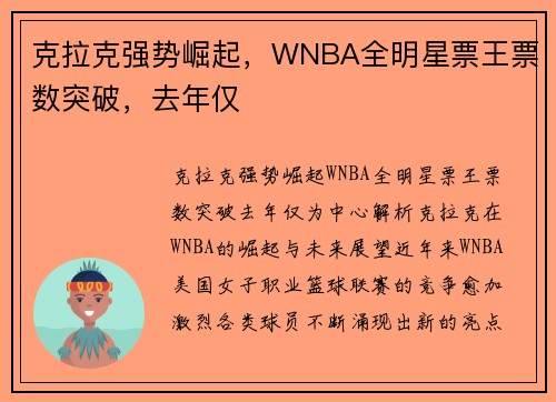 克拉克强势崛起，WNBA全明星票王票数突破，去年仅