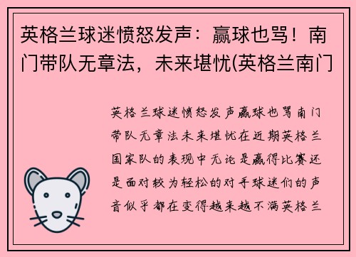 英格兰球迷愤怒发声：赢球也骂！南门带队无章法，未来堪忧(英格兰南门什么意思)